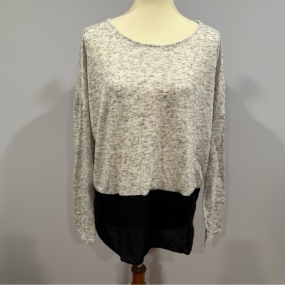 Express Color Block Marled Grey with Black Chiffon Bottom Drapey Long Sleeve Top